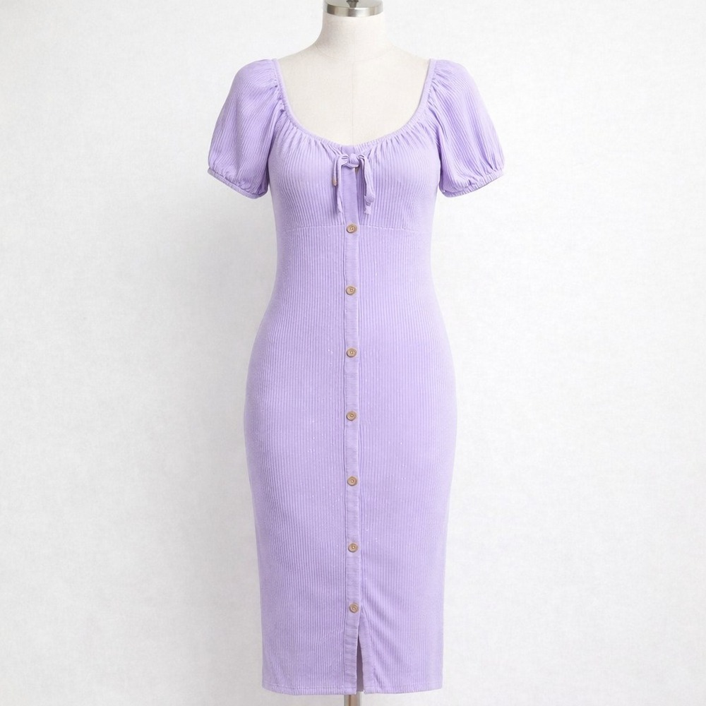 No Boundaries XL Lavender Bodycon Midi Dress Puff Sleeve Coquette Rib Knit - Picture 3 of 6